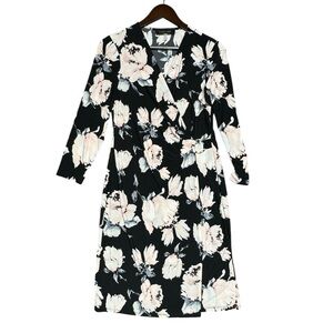 Evan Picone Black Label Floral Faux Wrap Midi Dress Womens Sz 6 Black Pink Party